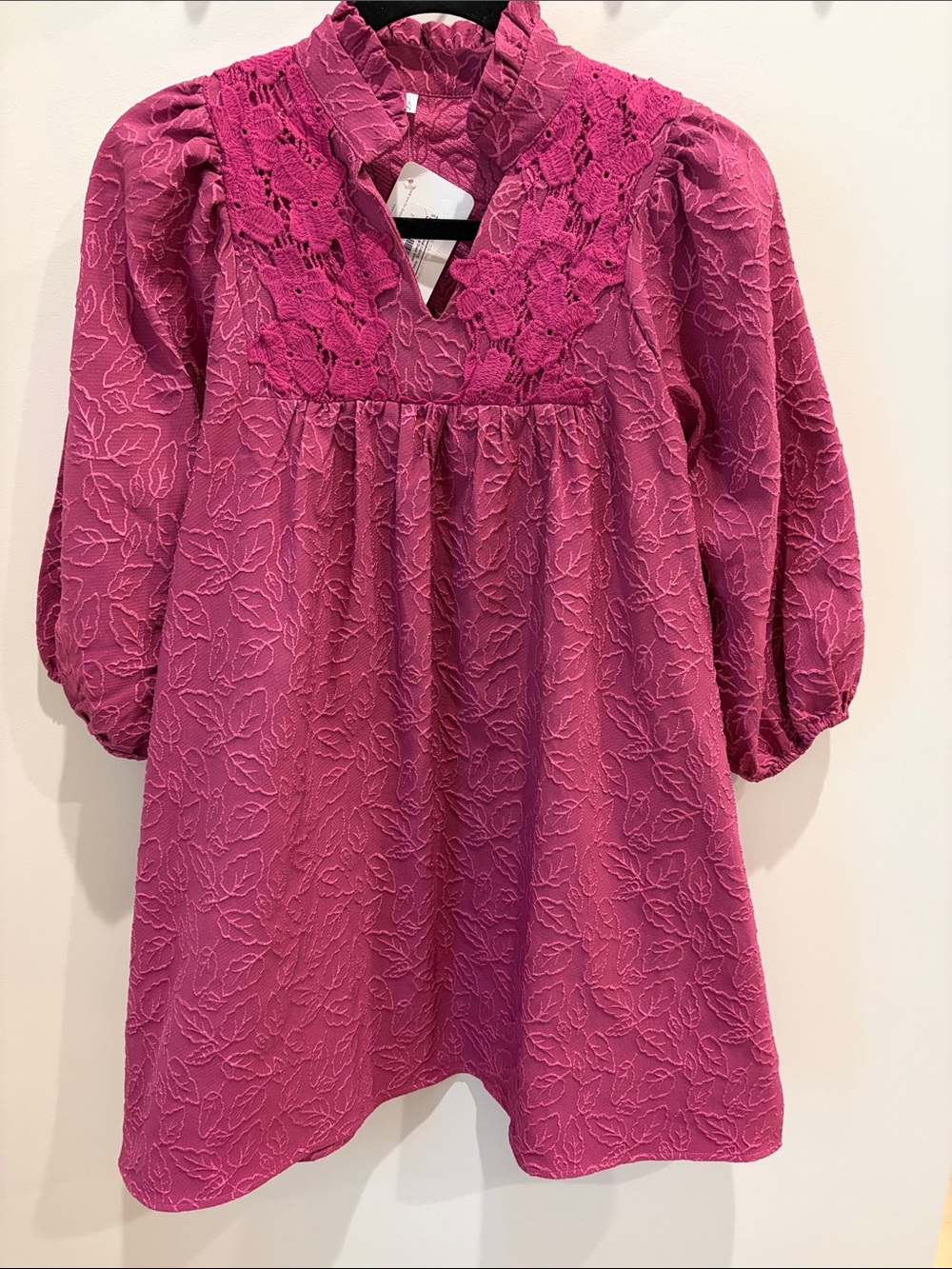 Fuchsia Lace-Texture Peasant Dress